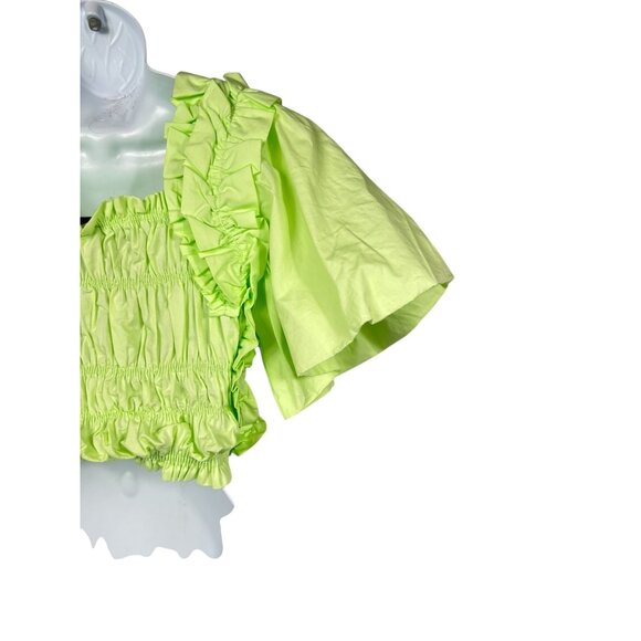 Zara Lime Green Smocked Ruffle Poplin Crop Top With Flutter Sleeves XS - Picture 8 of 13